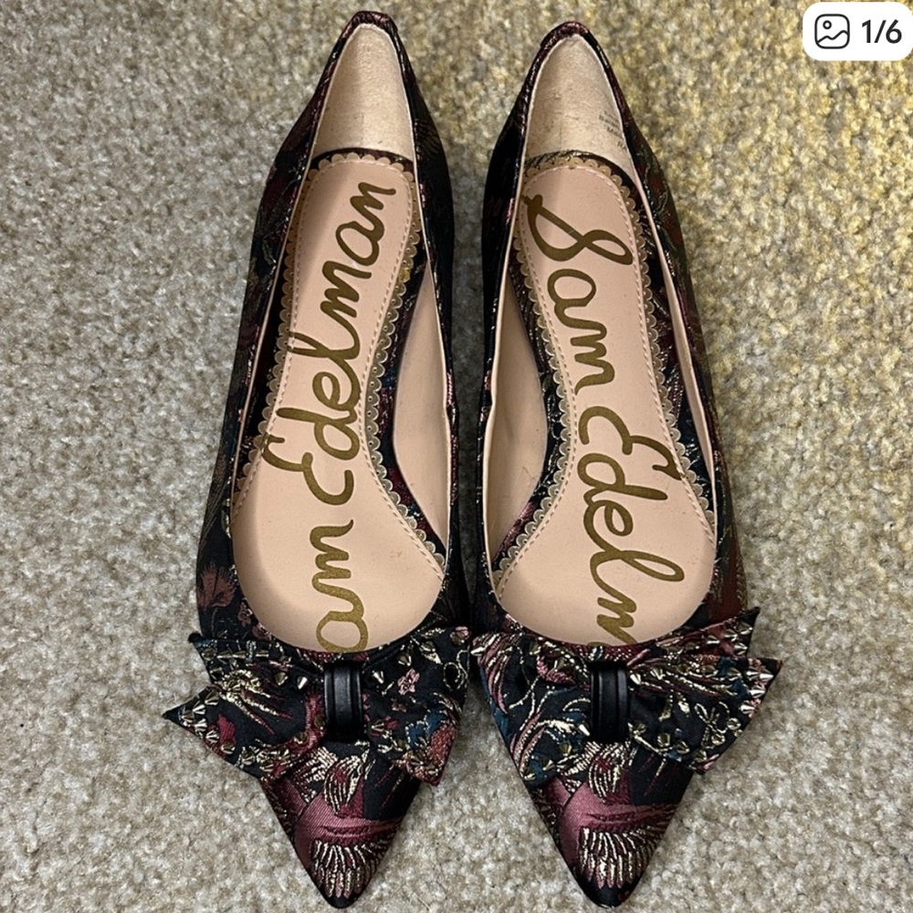 Sam Edelman Floral Pointed-Toe Bow Flats in Black and Burgundy